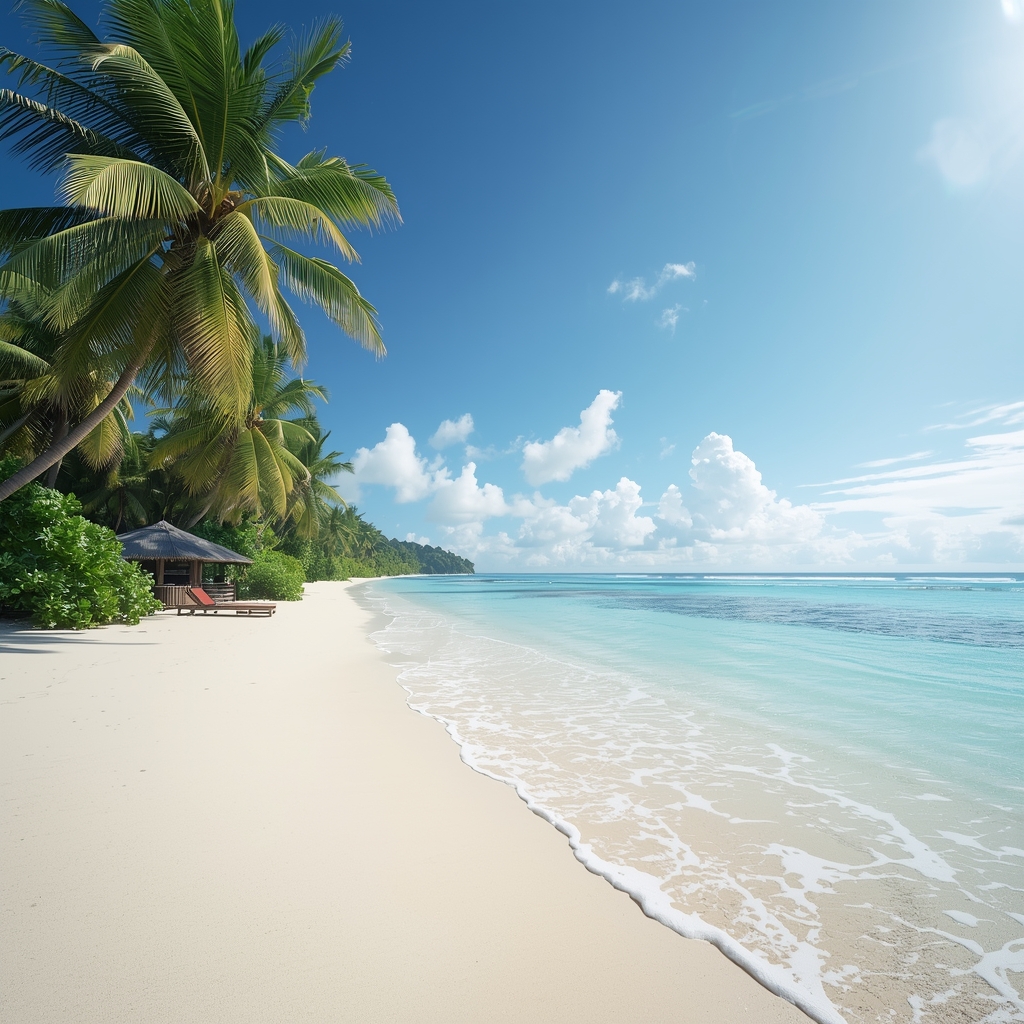 A cinematic wide shot of a pristine tropical beach with turquoise water, white sand, and palm trees swaying in the gentle breeze, photorealistic 8k.